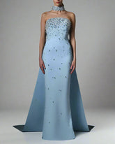 Light blue crepe dress with full embroidered - Carolina